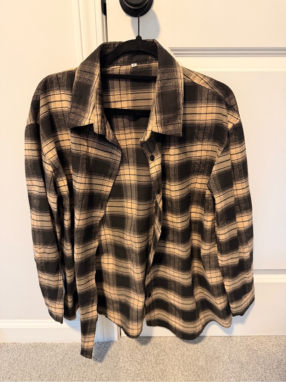 Black Tan Plaid Oversized Flannel Button Down Shirt Size Medium